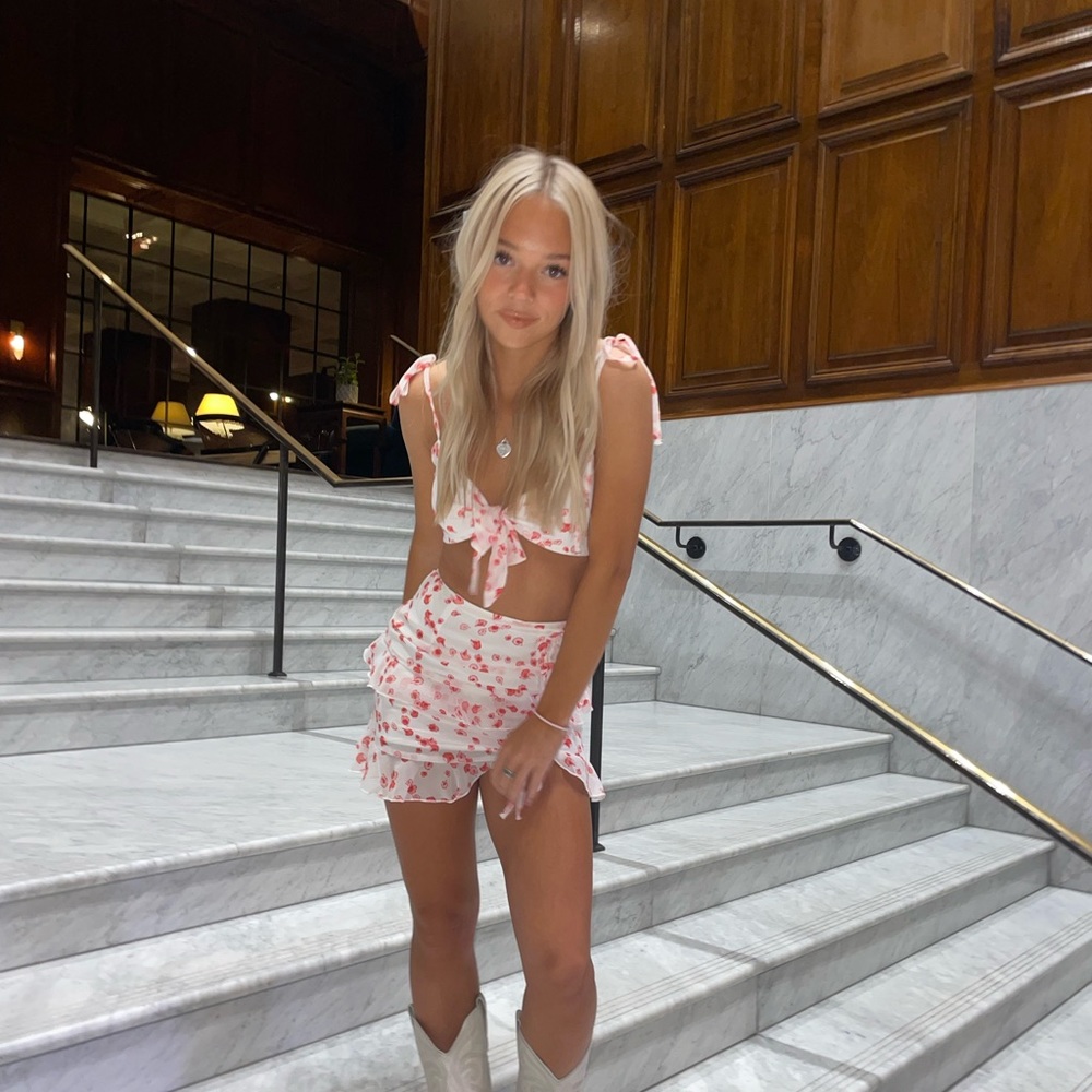 white with red flower skirt set